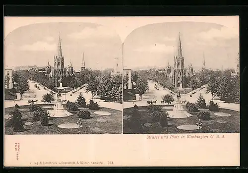 Stereo-AK Washington, Strasse und Platz mit Kirche