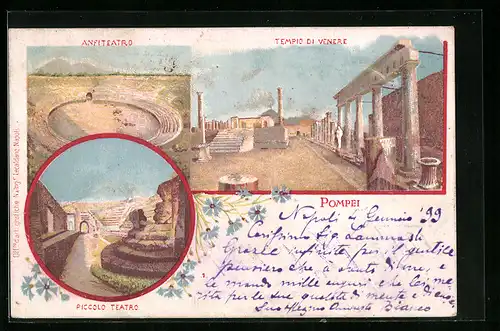 Lithographie Pompei, Anfiteatro, Tempio di Venere, Piccolo Teatro