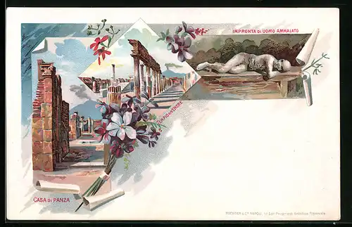 Lithographie Pompei, Casa di Panza, Impronta di Uomo Ammalato