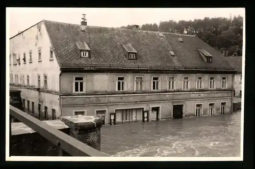 4 Fotografien Deylig, Greiz, Ansicht Greiz, Überschwemmung - Flutkatastrophe, Poststr., Heinrichstr., Brückenstr. u.a.