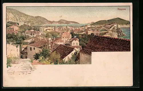 Lithographie Ragusa, Blick über die Dächer