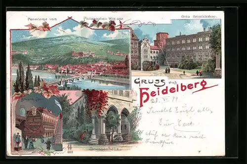 Lithographie Heidelberg, Otto Heinrichsbau, Brunnenhalle, Grosses Fass bei Nacht