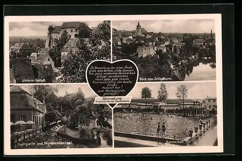 AK Ronneburg, Unterm Schloss, Blick vom Schlossturm, Urquelle und Promenadensaal