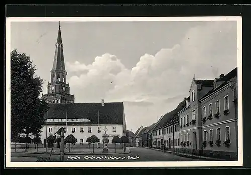 AK Prettin, Markt und Rathaus mit Gasthaus Ratskeller und Schule