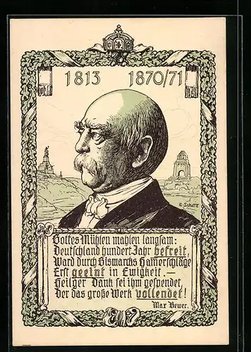 Künstler-AK Portrait von Otto von Bismarck im Halbprofil, Gedicht von Max Bewer