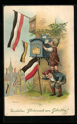 Künstler-AK Friedrich Kaskeline: Kleine Jungen als Soldaten am Postbriefkasten