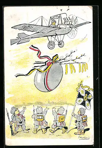 Künstler-AK Friedrich Kaskeline: Kleine Soldaten mit Osterei und Flugzeug