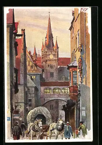 Künstler-AK Heinrich Kley: Nürnberg, Rathausgasse mit Pferdewagen