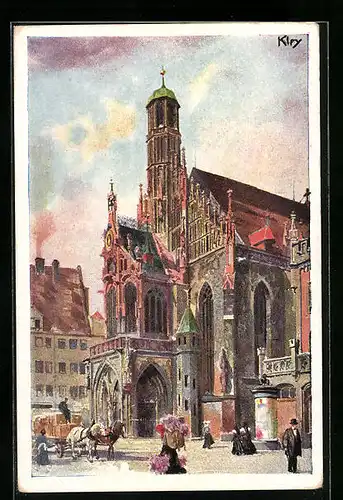 Künstler-AK Nürnberg, Frauenkirche mit Passanten