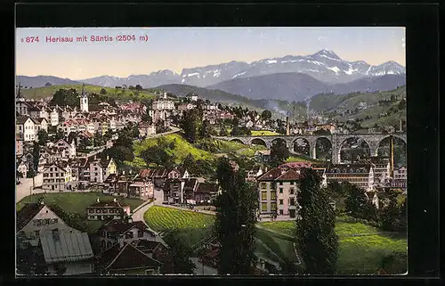 AK Herisau, Ortsansicht mit Viadukt und Säntis