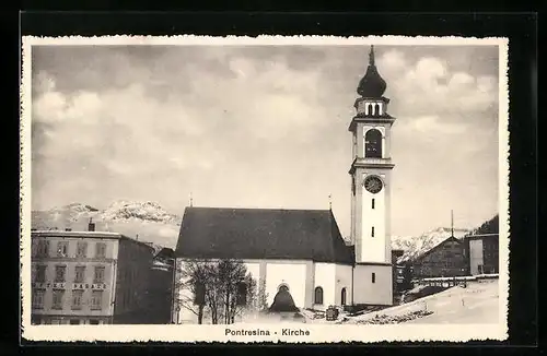 AK Pontresina, Kirche und Hotel Sabatz im Winter