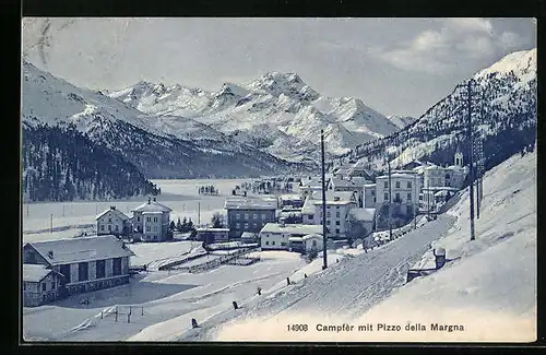 AK Campfèr, Ortsansicht im Winter mit Pizzo della Margna