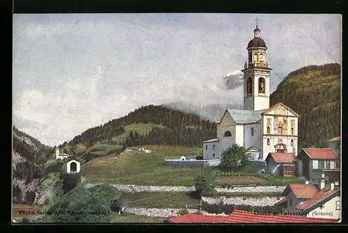 AK Tiefencastel, Teilansicht mit Kirche, Reklame Phytin