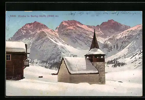 AK Sertig-Dörfli, Schneebedeckte Kirche mit Panorama