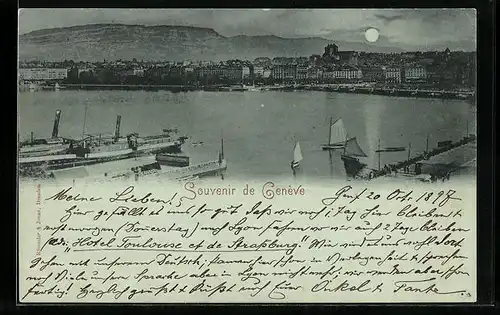 Mondschein-AK Geneve, Totalansicht mit Hafen