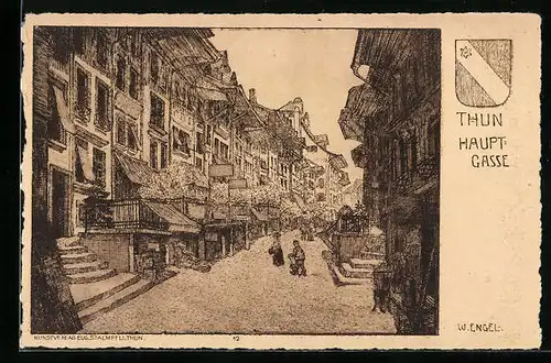 Künstler-AK Thun, Partie in der Hauptgasse, Wappen