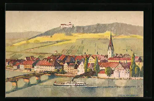 Künstler-AK Stein am Rhein, Totalansicht mit Rheindampfer