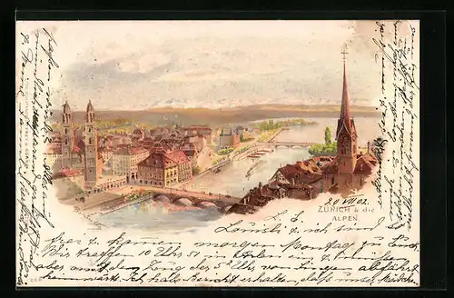 Lithographie Zürich, Stadtansicht mit den Alpen