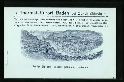 Lithographie Baden, Kurort aus der Vogelschau