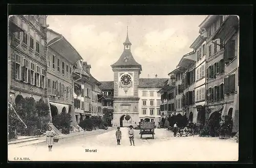 AK Morat, Strassenpartie mit Kirche