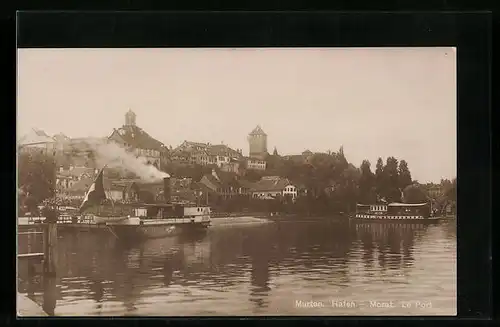 AK Murten, Hafen mit Dampfer