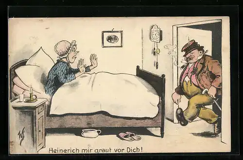 Künstler-AK Willi Scheuermann: Betrunkener Mann kommt nach Hause