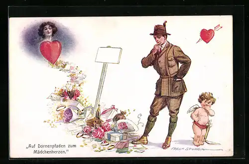 Künstler-AK Fred Spurgin: Auf Dornenpfaden zum Mädchenherzen, Amor neben einem Herrn