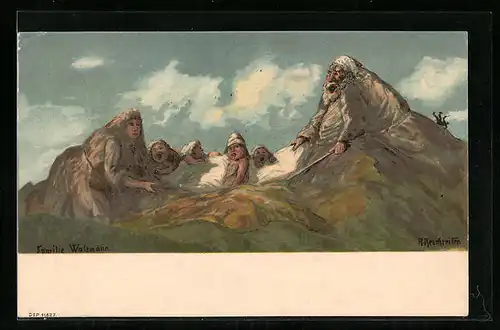Künstler-AK Rudolf Reschreiter: Familie Watzmann, Berg mit Gesicht / Berggesichter