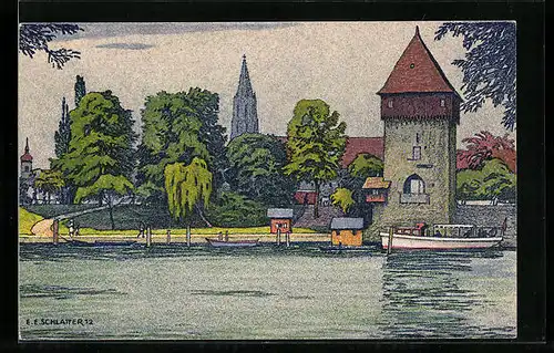 Künstler-AK Ernst E. Schlatter: Konstanz, Der Rheintorturm