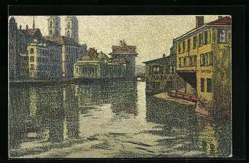 Künstler-AK Ernst E. Schlatter: Zürich, Altstadt vom oberen Mühlesteg aus