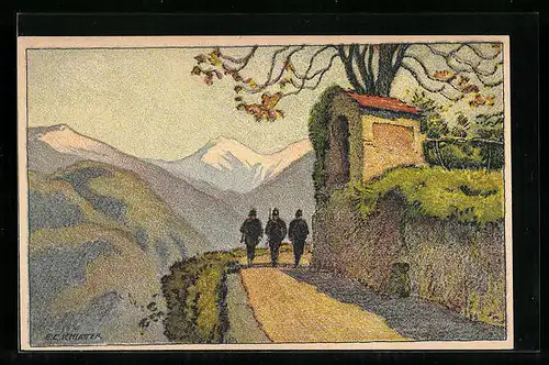 Künstler-AK Ernst E. Schlatter: Soldaten auf einer Bergstrasse