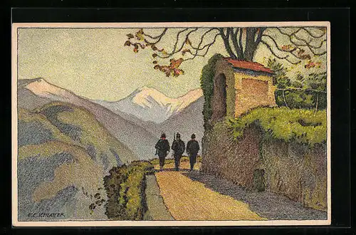 Künstler-AK Ernst E. Schlatter: Soldaten auf einer Bergstrasse
