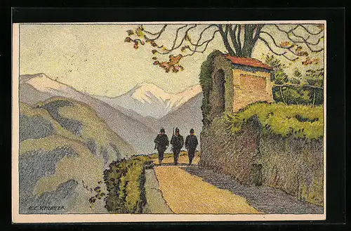 Künstler-AK Ernst E. Schlatter: Soldaten auf einer Bergstrasse