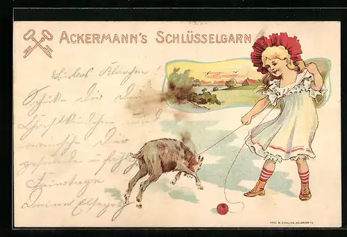 AK Mädchen spielt mit einer Ziege, Ortspartie, Reklame für Ackermann`s Schlüsselgarn