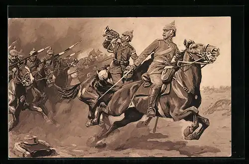 Künstler-AK Curt Schulz-Steglitz unsign.: Attacke deutscher Dragoner in der Schlacht an der Marne, Krieg 1914-15