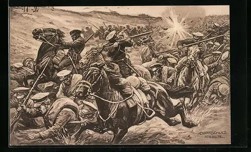 Künstler-AK Curt Schulz-Steglitz: Vernichtung von fünf russischen Armeekorps in den Masurischen Seen, Krieg 1914-15