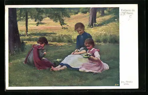 Künstler-AK Josef Straka: Junge Frau und Kinder mit Blumen