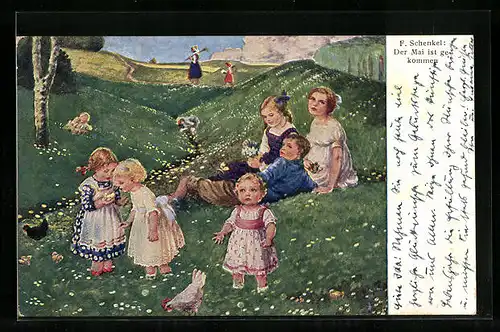 Künstler-AK Franziska Schenkel: Kinder auf einer Blumenwiese im Mai