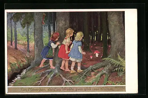 Künstler-AK Franziska Schenkel: Ein Männlein steht im Walde..., Drei Mädchen sehen im Wald Fliegenpilze
