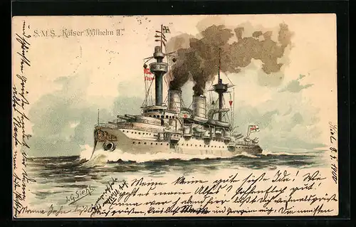 Präge-Künstler-AK Johann Georg Siehl-Freystett: S. M. S. Kriegsschiff Kaiser Wilhelm II. auf hoher See