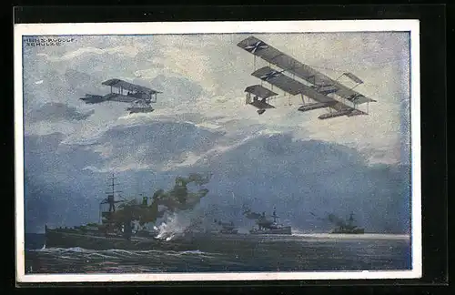 Künstler-AK Hans Rudolf Schulze: Wasserflugzeuge über der englischen Flotte