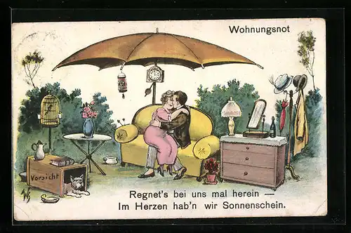 Künstler-AK Willi Scheuermann: Wohnungsnot, Liebespaar unter einem Schirm