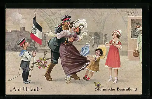 Künstler-AK Arthur Thiele: Stürmische Begrüssung, Auf Urlaub