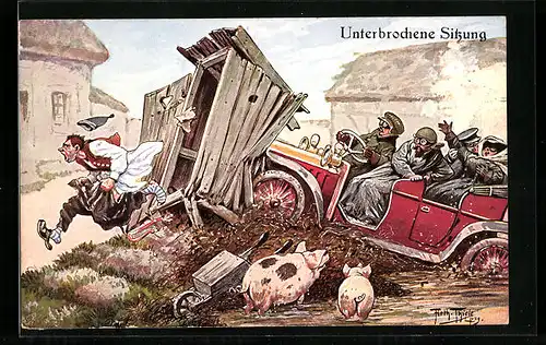 Künstler-AK Arthur Thiele: Unterbrochene Sitzung, Auto fährt in Toilette