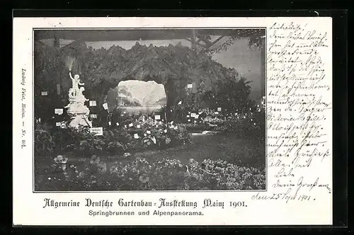 AK Mainz, Allgemeine Deutsche Gartenbau-Ausstellung 1901, Springbrunnen und Alpenpanorama