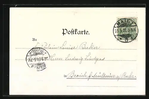 AK Mainz, Allgemeine Deutsche Gartenbau-Ausstellung 1901, Springbrunnen und Alpenpanorama