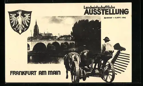 AK Frankfurt am Main, Landwirtschaftliche Ausstellung 1948, Partie an der Brücke, Bauer mit Pferdegespann