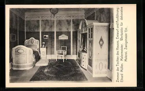 AK München, Ausstellung bemalter Wohnräume 1910, Zimmer der Tochter des Hauses, Zweigstrasse 1
