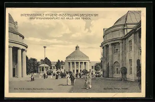 AK Dresden, Internationale Hygiene-Ausstellung 1911, Hauptpromenadenplatz mit Halle