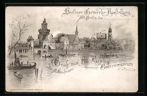 Lithographie Berlin, Berliner Gewerbe-Ausstellung, Flusspartie mit Booten